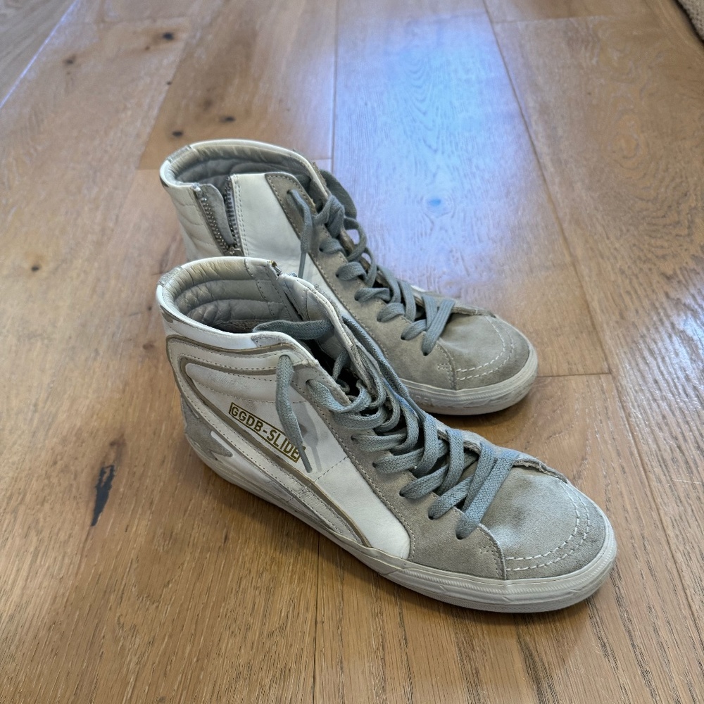 GOLDEN GOOSE Slide distressed suede and leather high-top sneakers